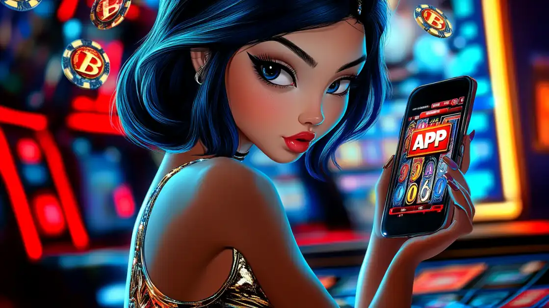 Cartoon-style girl holding a mobile app with slot game, surrounded by poker chips and vibrant casino lights.