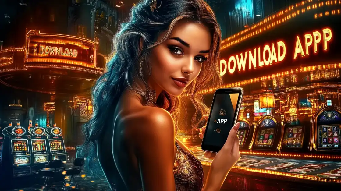 Woman holding smartphone in front of glowing 'Download App' sign and slot machines in a neon-lit casino.