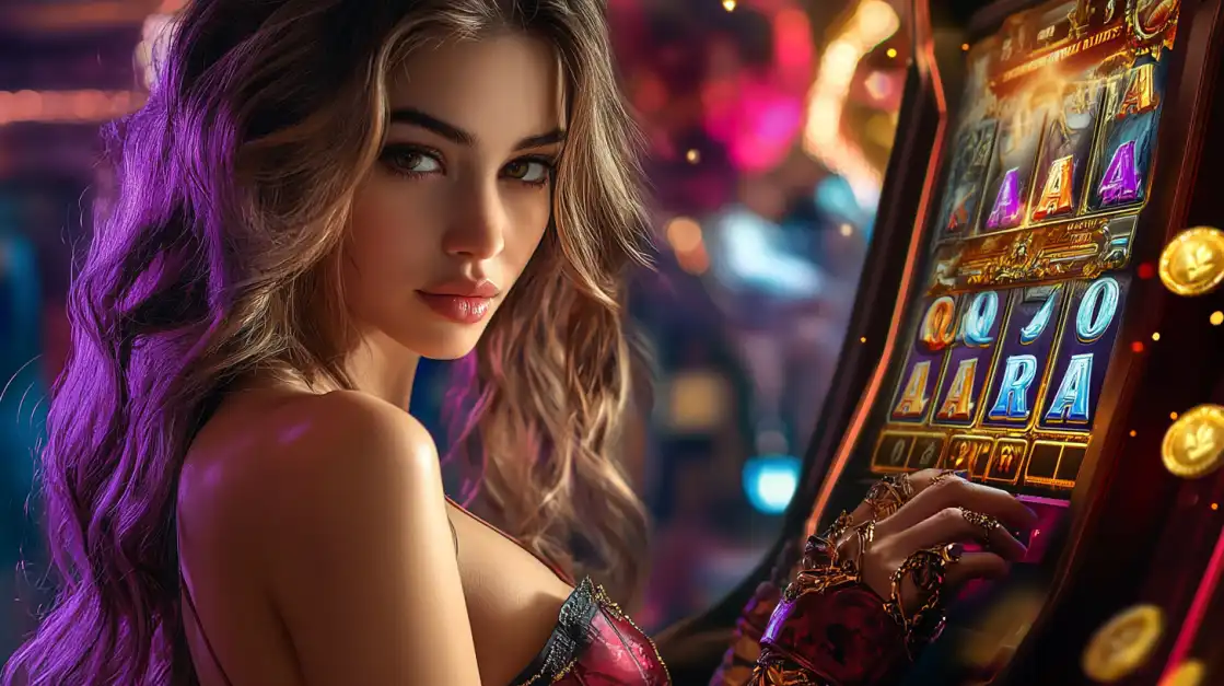 Blonde woman with long hair playing slot machine in glamorous casino with gold coins and soft lighting.
