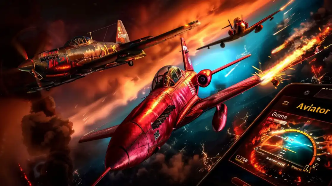 Intense fighter plane chase with fire trails and an Aviator game interface visible on a mobile screen.