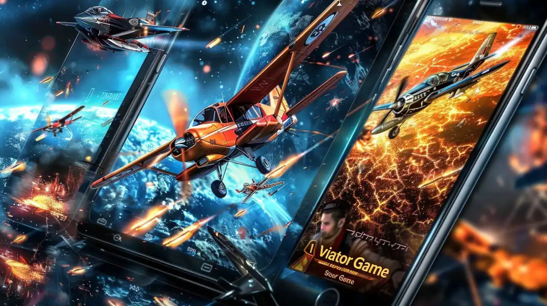 Futuristic planes launching from mobile devices in outer space with glowing explosions and the Viator Game screen.
