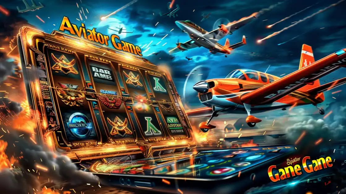 Slot machine interface labeled Aviator Game with action planes flying through a stormy sky and explosions.