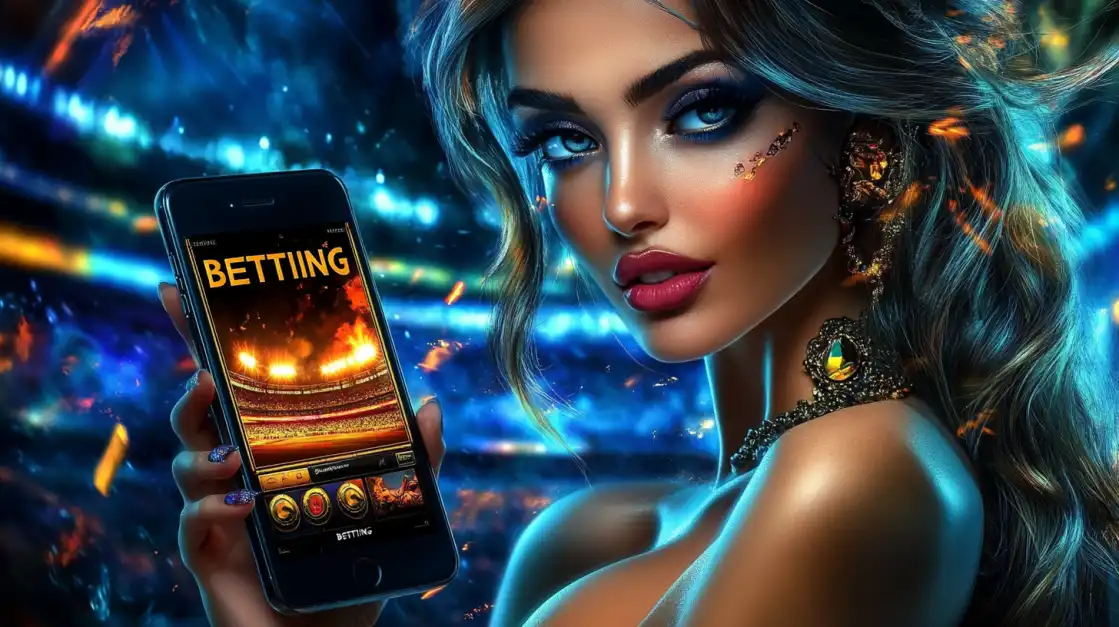 Beautiful woman holding a smartphone displaying a betting app, surrounded by vivid blue lights and sparkles.
