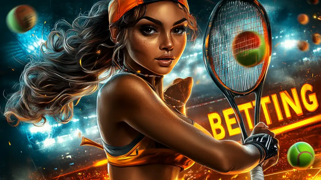Confident woman in sportswear swinging tennis racket in a glowing stadium with betting text in the background.