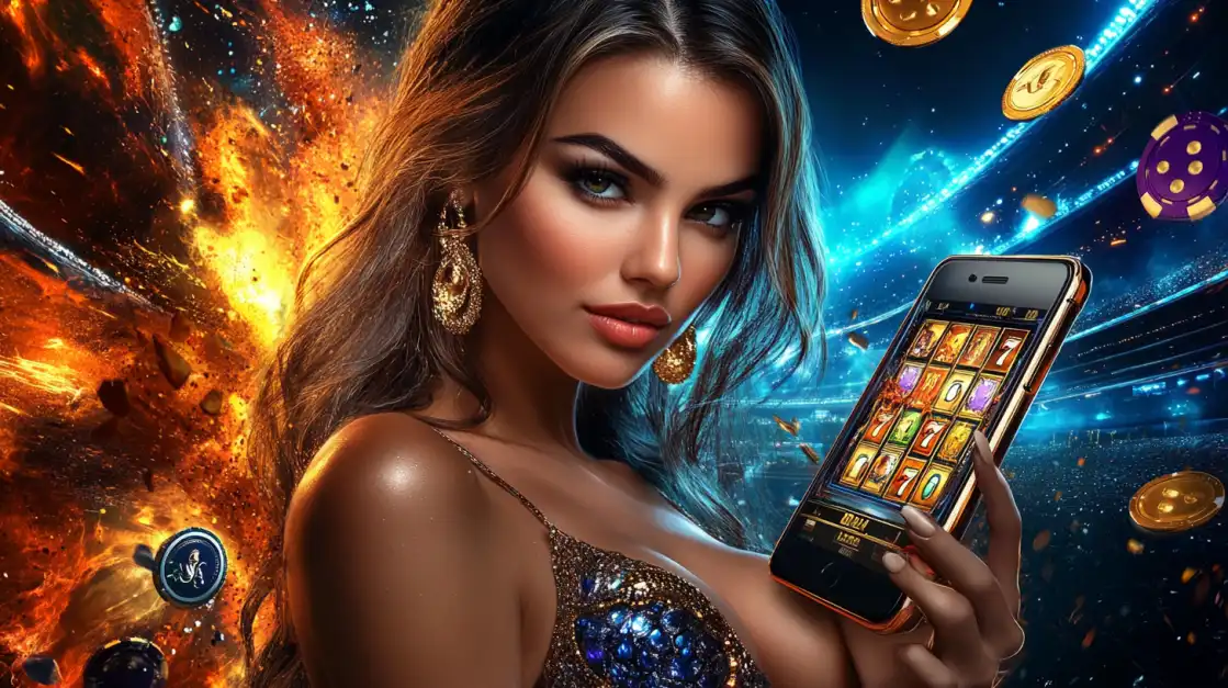 Woman holding a smartphone with a slot machine game in a stadium lit by fireworks and flying casino chips.