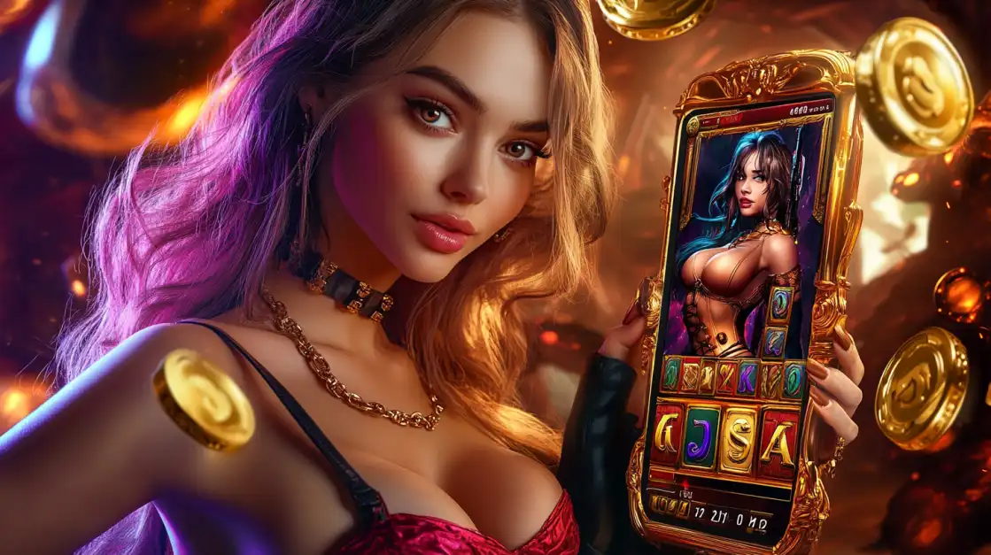 Blonde woman holding a mobile slot game with gold coins flying around, seductive in a glowing casino atmosphere.