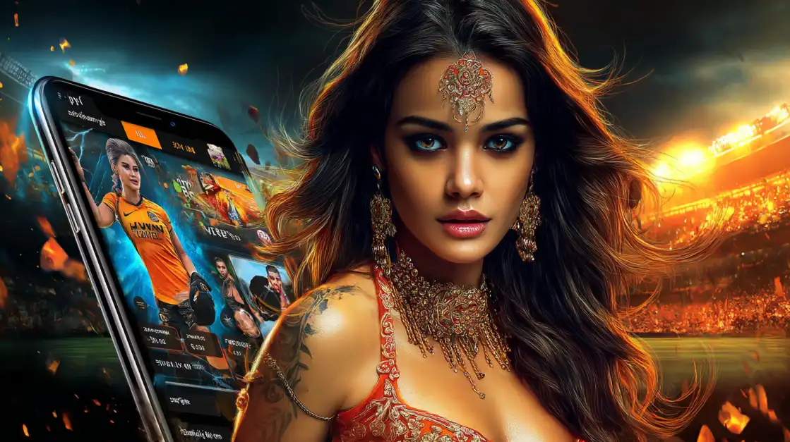 Glamorous Indian woman in traditional jewelry next to a smartphone showing online sports betting and casino games.