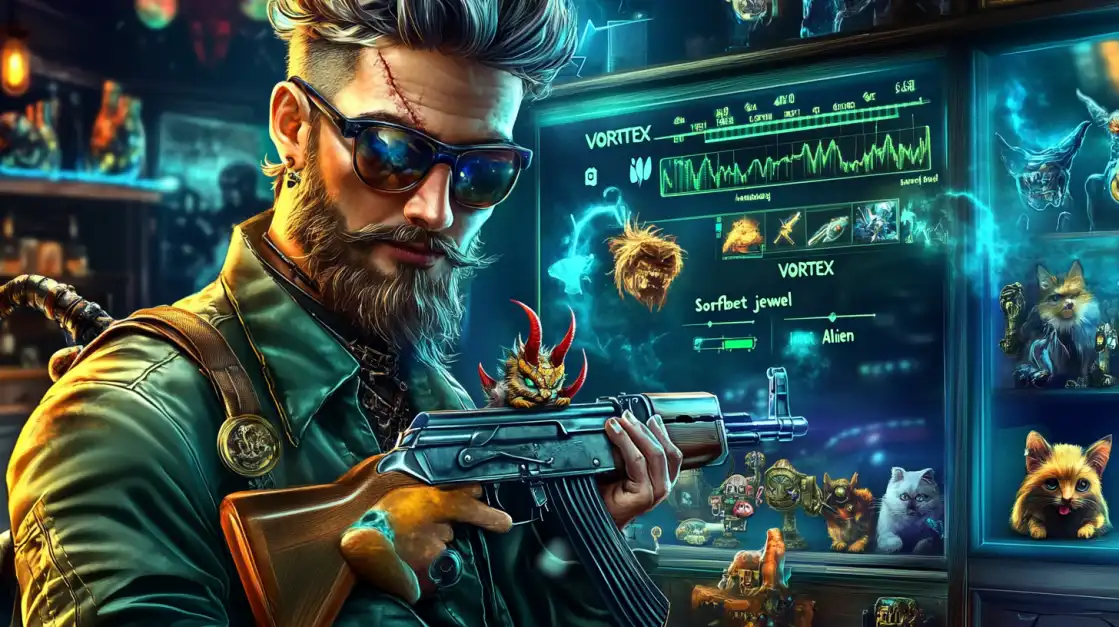 Bearded man with sunglasses holding a rifle in front of a sci-fi vortex interface featuring alien creatures and game stats.