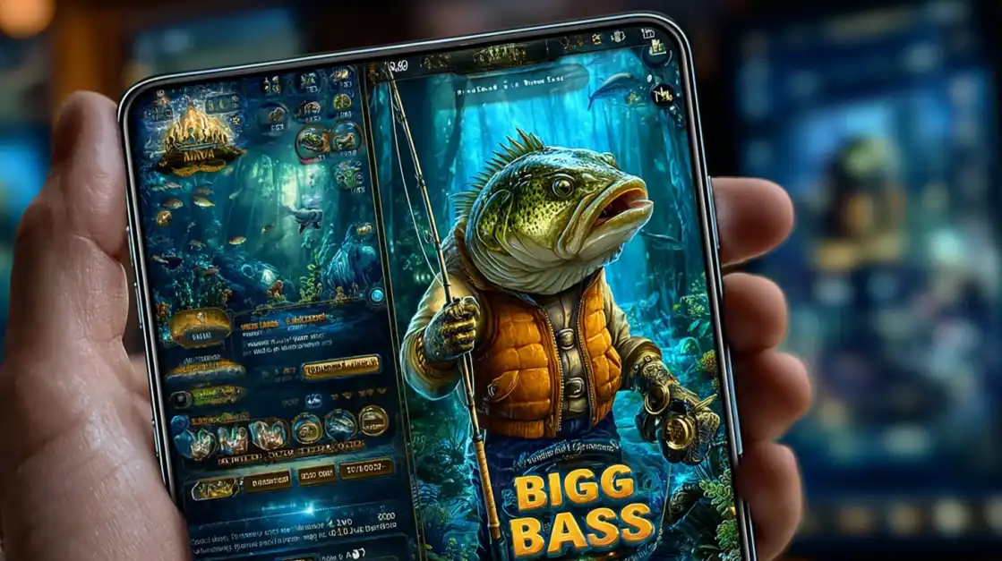 Mobile screen showing Bigg Bass fishing slot game with a giant fish character wearing a vest and holding a fishing rod.