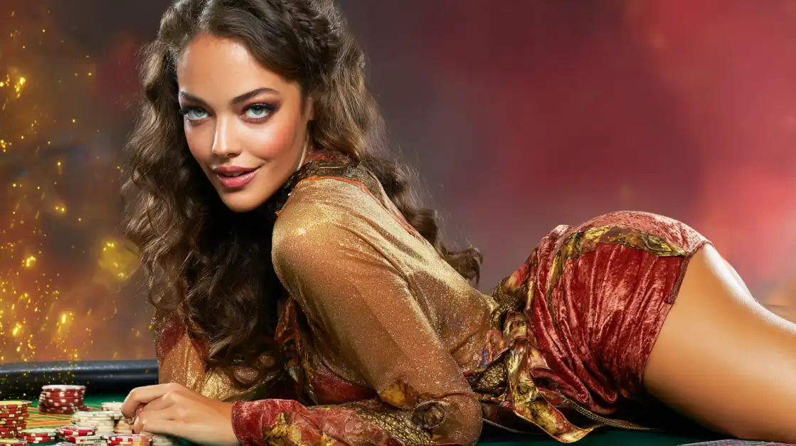 Stunning woman in a red velvet dress posing by a poker table with bright chips and a fiery casino backdrop.