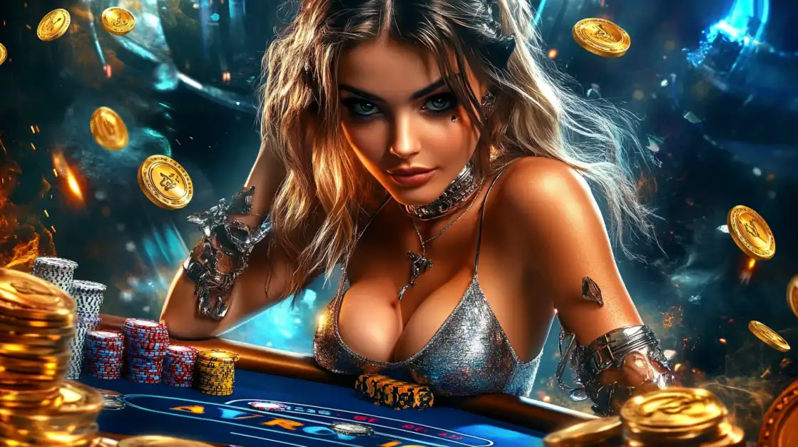 Seductive blonde woman leaning on a poker table surrounded by stacked chips and floating golden coins.