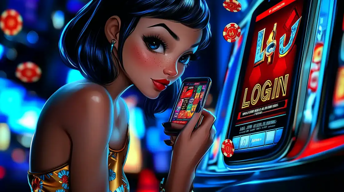 Stylized cartoon girl in a glowing casino scene holding phone with slots, surrounded by chips and login screen.