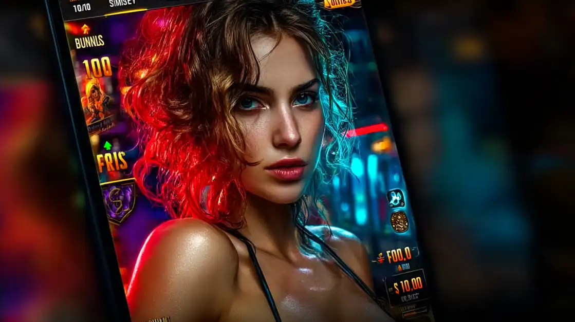 Woman with intense gaze surrounded by red-blue neon light in a mobile casino game interface showing bonus features.