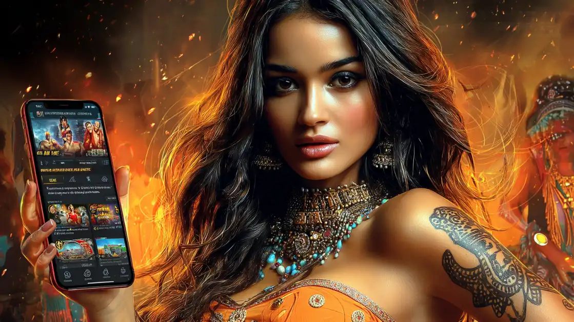 Stylish Indian woman with tattoos and jewelry holding a phone with casino app, fire and traditional dancers in the background.