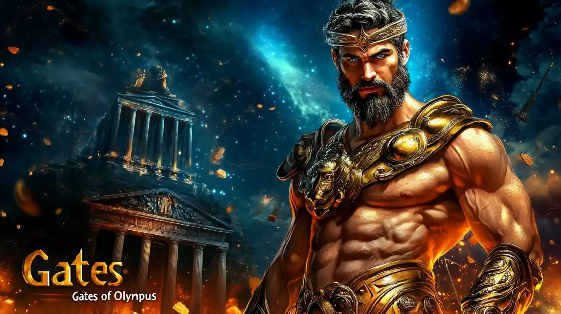 Muscular god-like man in golden armor standing before ancient temples under a cosmic sky with the Gates of Olympus logo.