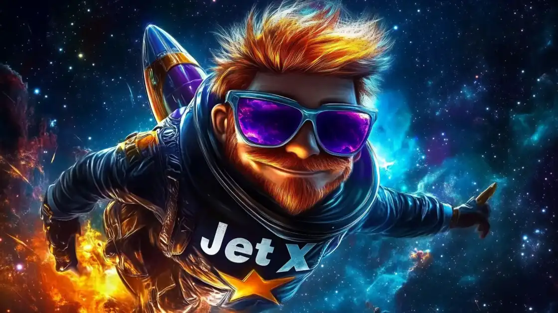 Cartoon rocketman with purple shades flying through space in a cosmic explosion with JetX logo on his suit.
