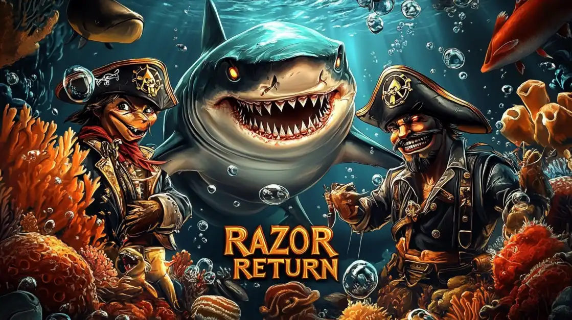 Razor Return slot featuring two pirate characters and a fierce smiling shark in an underwater coral reef.